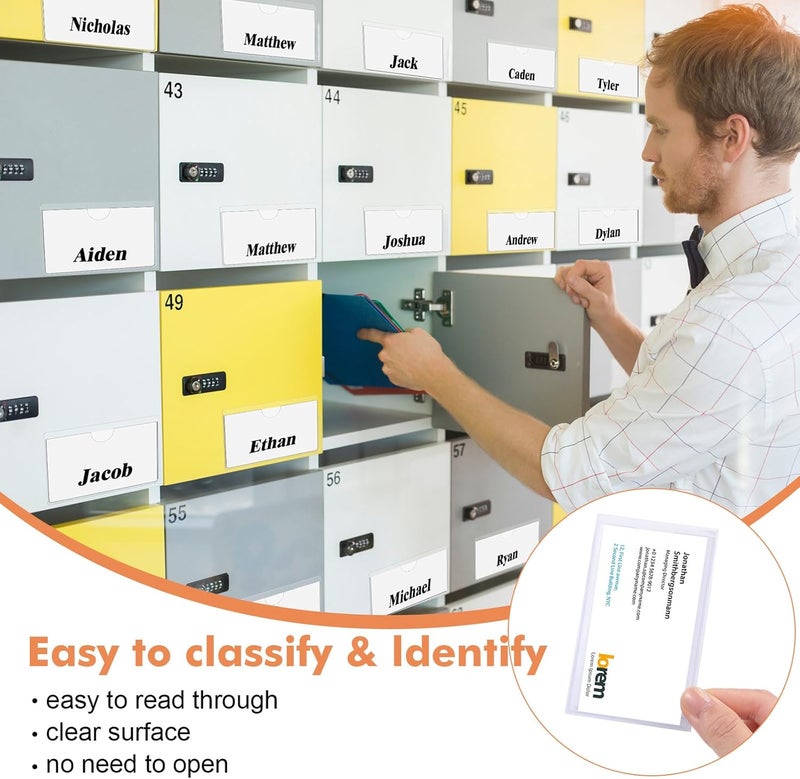 Outus 100 Pcs 2 x 3.75, 3 x 5 Inch Clear Self Adhesive Pockets - Bin Labels for Storage Bins, Pocket Label Sleeves, Plastic Index Card Holder with Top Open for Organizing Bins Box Drawer - Image 5